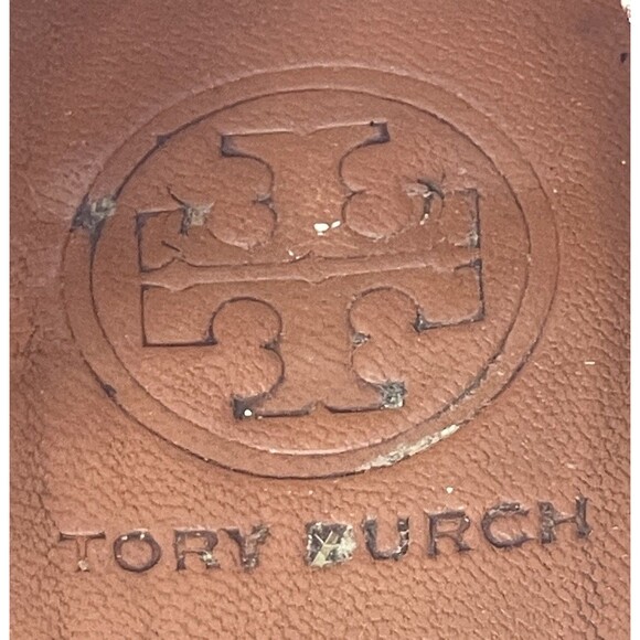 Tory Burch Peep Toe Wedge Heels Snakeskin Pattern Gold Logo Size 9 - Picture 7 of 7